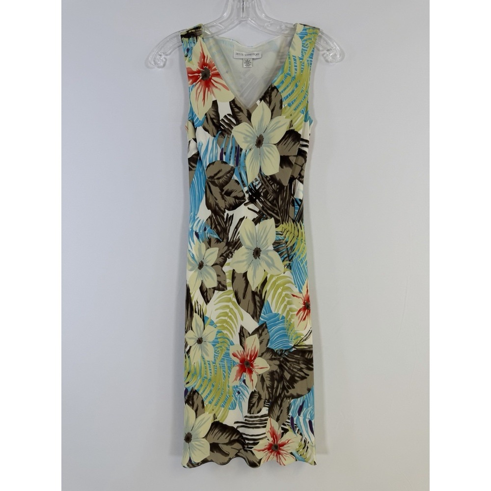 Petite Sophisticate Tropical Silk V Neck Sleeveless Lined Dress Sz 0 Resort‎